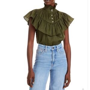 FRAME Green Ruffle Flounce Top in Fatigue Small